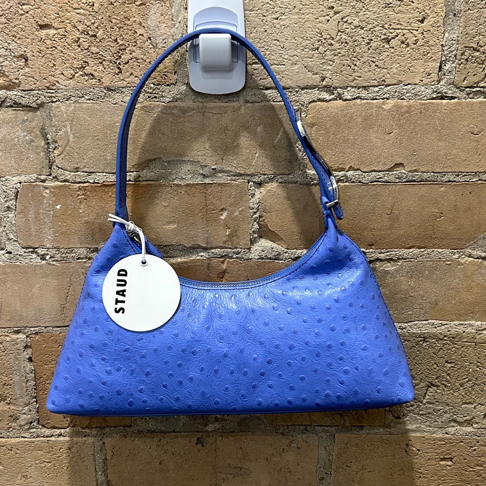 STAUD NWT Estelle Ostrich-Embossed Leather Shoulder Bag in periwinkle - Picture 6 of 7